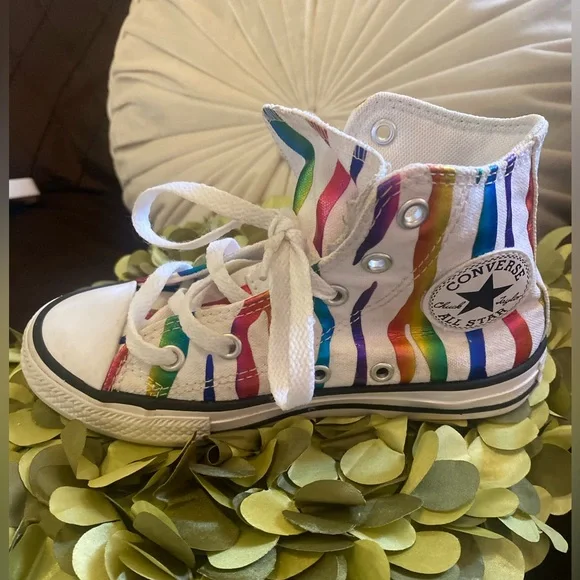 🌸 Converse White Rainbow Zebra Stripes High Tops Kids 12 - Super Cute! - Picture 6 of 6